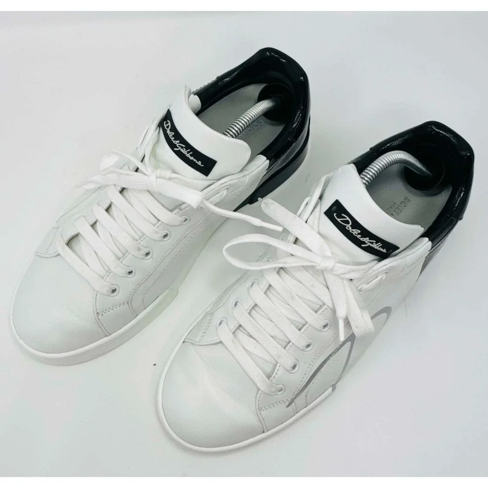 Dolce & Gabbana Portofino Logo Leather Sneakers White Black Men's 9 CS1600 Luxe